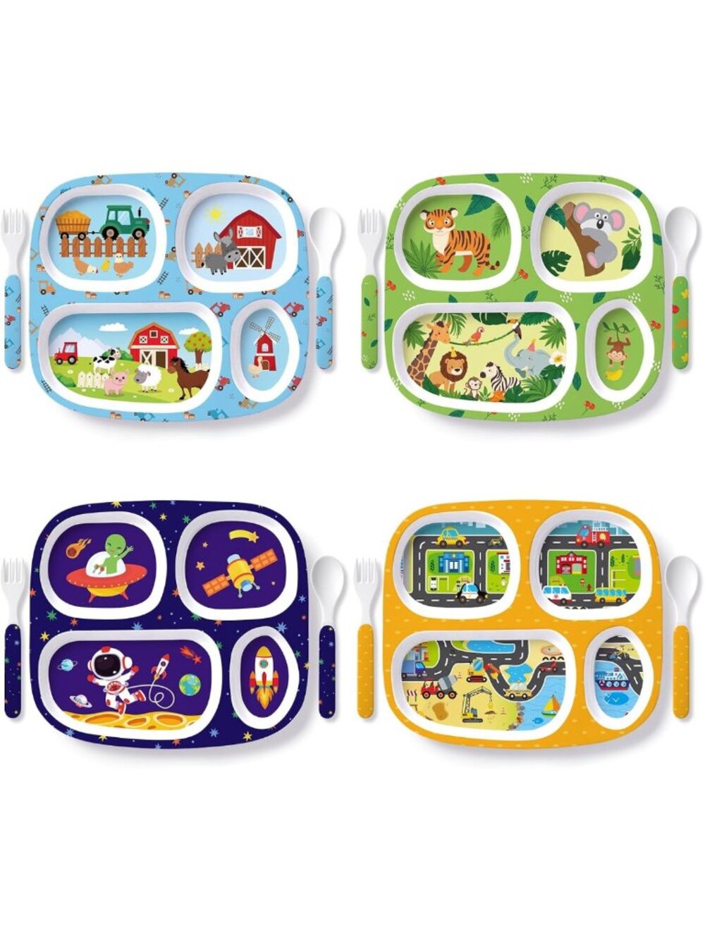 4-Piece Kids Melamine Dinner Plate Set with Fork & Spoon - Fun Farm Design
